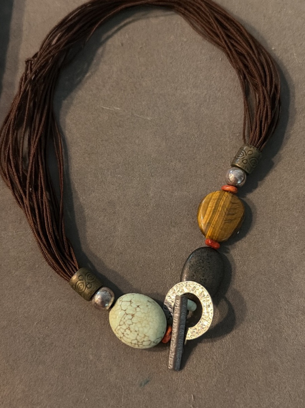 Silpada Multi-Stone Brown Cord Necklace with Turquoise and Tiger Eye Accents